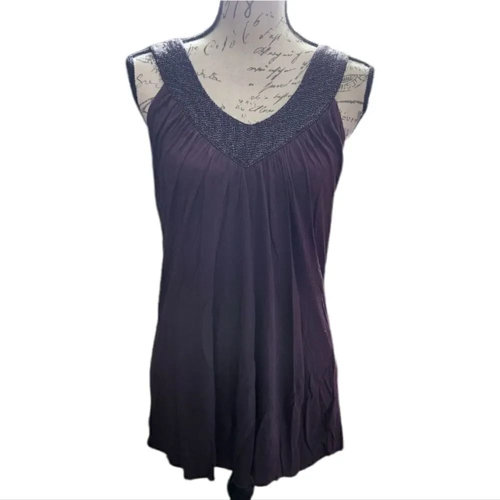 Matty M Ladies Size Medium Dark Plum Beaded V-Neck Tank